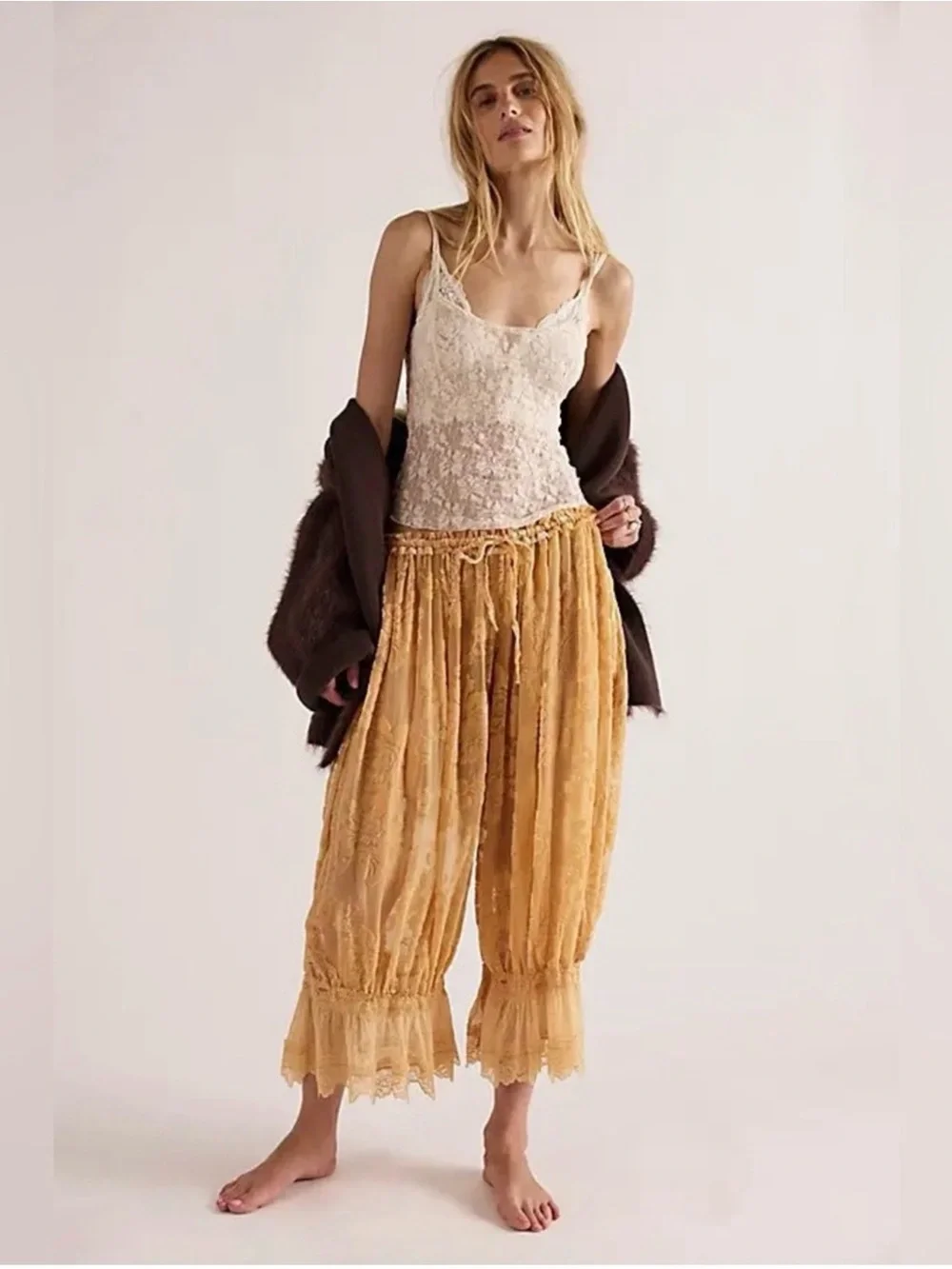 Free People Golden Lace Crop Pants - Mustard